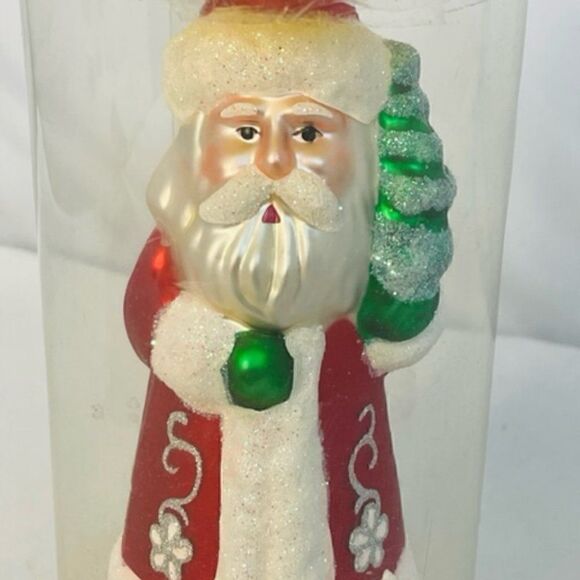 Santa St. Nick Red Coat Holding Tree Mica Glitter Glass Christmas Ornament 6" Ex - Picture 4 of 5